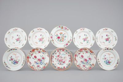 Ten Chinese porcelain famille rose plates, 18th C.