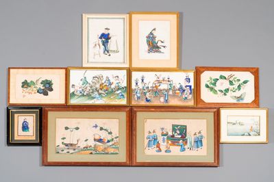Ten Chinese rice paper paintings with figures, fauna and flora, Canton, 19/20th C.