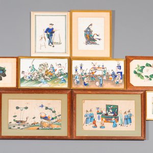 Ten Chinese rice paper paintings with figures, fauna and flora, Canton, 19/20th C. — 照片 1