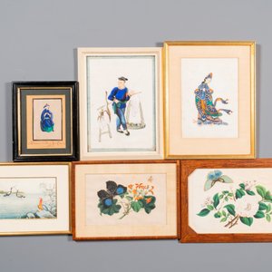Ten Chinese rice paper paintings with figures, fauna and flora, Canton, 19/20th C. — 照片 3