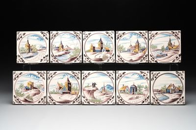 Ten polychrome Dutch Delft 'landscape' medallion tiles, 19th C.