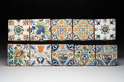 Ten polychrome Dutch Delft tiles with floral design, including Haarlem, 17th C.