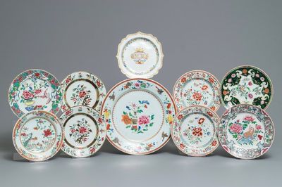 Ten various Chinese famille rose plates, Yongzheng and later