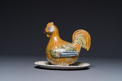 Terrine couverte en forme de coq en faience polychrome, Abtsbessingen, Allemagne, 18ème