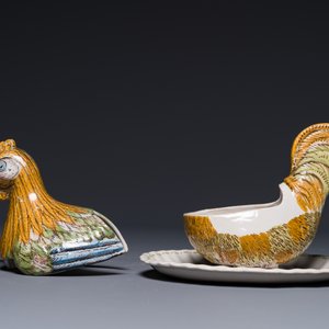 Terrine couverte en forme de coq en faience polychrome, Abtsbessingen, Allemagne, 18ème — photo 2