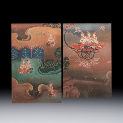 Thai school: two narrative scenes, colour on canvas, 19/20th C.