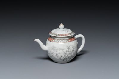 Théière couverte en porcelaine de Chine à décor de chasseurs européens en grisaille, Yongzheng