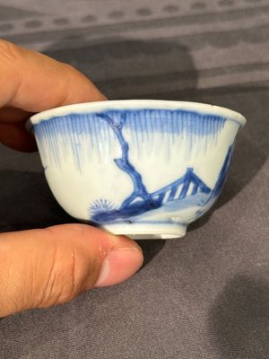 Thirteen Chinese blue and white saucers and twelve cups with figural design, Kangxi/Yongzheng — 照片 27