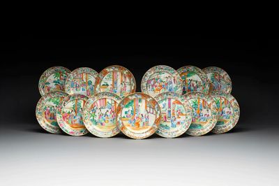 Thirteen Chinese Canton famille rose plates with narrative design, 19th C.