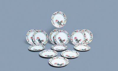 Thirteen Chinese famille rose bianco sopra bianco plates, Qianlong