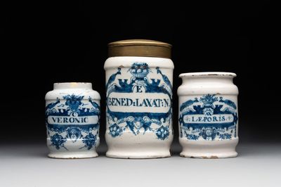 Three blue and white Dutch Delft albarelli, 18th C.