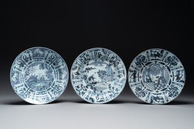 Three blue and white Dutch Delft chinoiserie dishes, late 17th C.