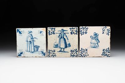 Three blue and white Dutch Delft 'ladies' tiles, 17th C.