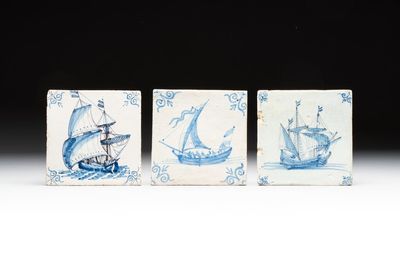 Three blue and white Dutch Delft 'large ships' tiles, 17th C.