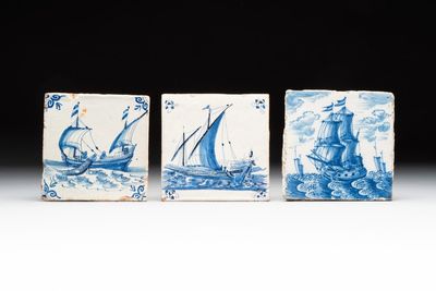 Three blue and white Dutch Delft 'ship' tiles, 17/18th C.