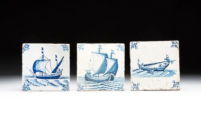 Three blue and white Dutch Delft 'ship' tiles, 17th C.