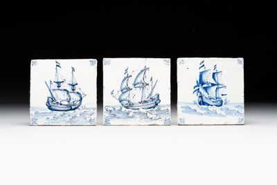 Three blue and white Dutch Delft 'ship' tiles, Harlingen, 17th C.