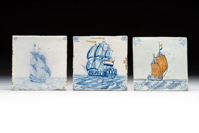 Three blue and white Dutch Delft 'ships with coloured flags' tiles, 17th C. and later