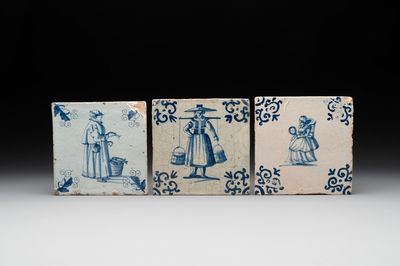Three blue and white Dutch Delft tiles with ladies, 17th C.