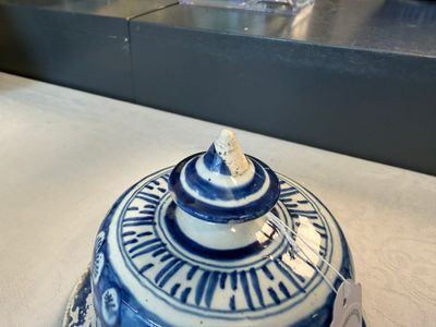 Three blue and white Dutch Delft vases and covers with dragons on a flowery ground — photo 3