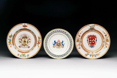 Three Chinese armorial export plates for the English market, Yongzheng