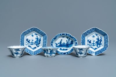 Three Chinese blue and white cups and saucers, Chenghua and hall marks, Kangxi