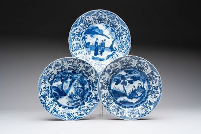 Three Chinese blue and white dishes with figural design, Kangxi