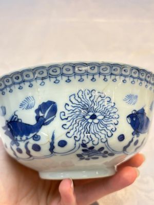 Three Chinese blue and white 'Fish' bowls and a bottle vase, Kangxi marks, 19th C. — 照片 20