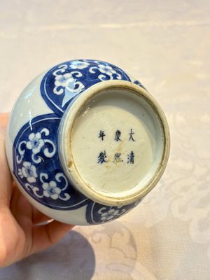 Three Chinese blue and white 'Fish' bowls and a bottle vase, Kangxi marks, 19th C. — 照片 8