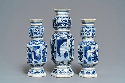 Three Chinese blue and white hexagonal and octagonal vases, Kangxi