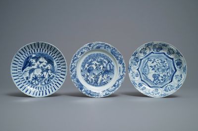 Three Chinese blue and white kraak porcelain 'deer' and 'prunus' plates, Wanli