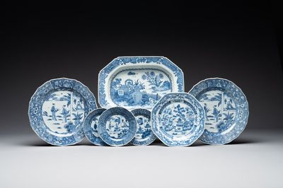 Three Chinese blue and white plates, three saucers and an octagonal dish, Qianlong