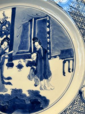 Three Chinese blue and white plates with figural design, Chenghua and Kangxi mark, Kangxi — photo 22