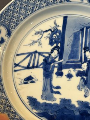 Three Chinese blue and white plates with figural design, Chenghua and Kangxi mark, Kangxi — photo 23