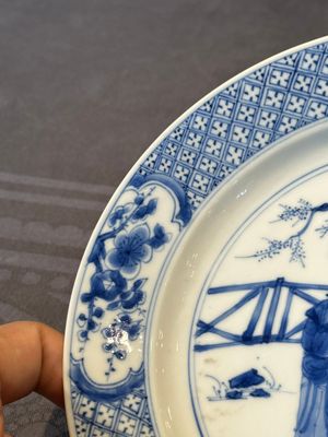 Three Chinese blue and white plates with figural design, Chenghua and Kangxi mark, Kangxi — photo 24