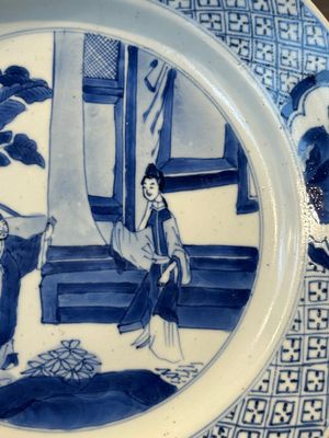 Three Chinese blue and white plates with figural design, Chenghua and Kangxi mark, Kangxi — photo 3