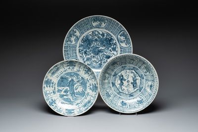 Three Chinese blue and white Swatow dishes, Ming