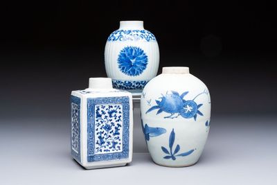 Three Chinese blue and white tea caddies, Chenghua mark, Shunzhi and later