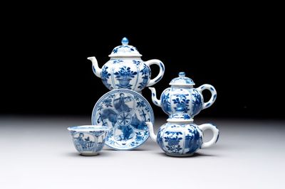 Three Chinese blue and white teapots, a cup and a saucer, Kangxi