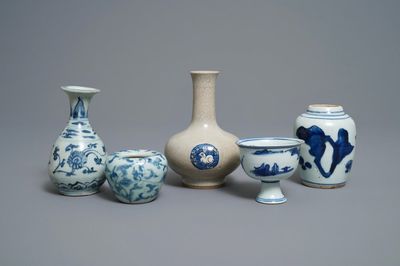 Three Chinese blue and white vases, a brush washer and a stem cup, Ming and later