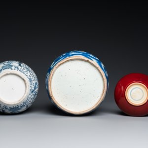 Three Chinese blue and white vases and a monochrome red vase, 19th C. — 照片 12