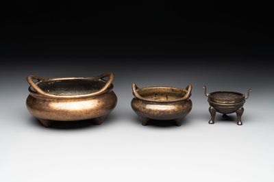 Three Chinese bronze censers, Xuande mark, Ming/Qing