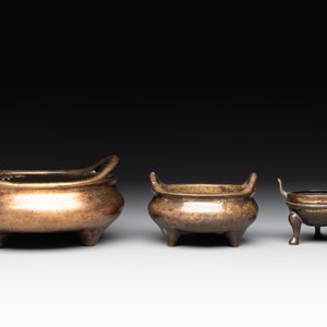 Three Chinese bronze censers, Xuande mark, Ming/Qing — photo 2