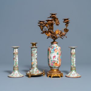 Three Chinese Canton famille rose candlesticks and a vase with gilt bronze mounts, 19th C. — photo 3