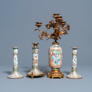 Three Chinese Canton famille rose candlesticks and a vase with gilt bronze mounts, 19th C. — photo 4