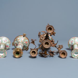 Three Chinese Canton famille rose candlesticks and a vase with gilt bronze mounts, 19th C. — photo 6