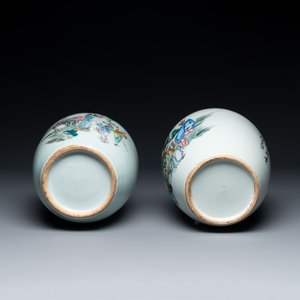 Three Chinese celadon-ground blue and white vases and two famille rose jars, 19/20th C. — 照片 6