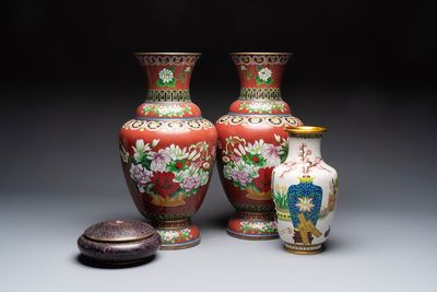 Three Chinese cloisonné vases and a covered box, 20th C.