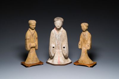 Three Chinese cold painted pottery figures of ladies, Han