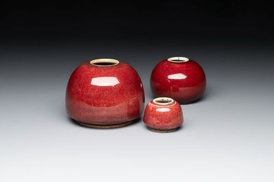 Three Chinese copper-red-glazed water pots, Kangxi mark, 19th C.